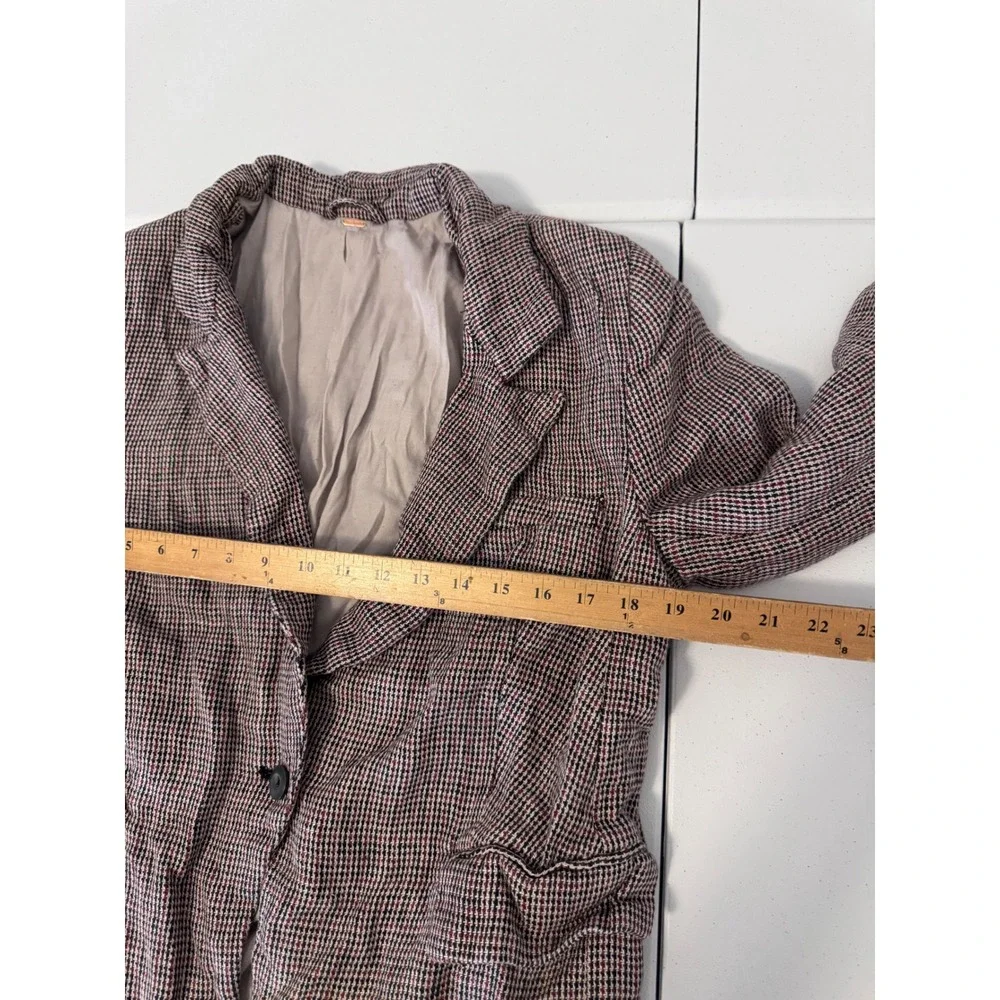 Free‎ People Linen Houndstooth Single Button Blazer Jacket Neutral Red Large t3